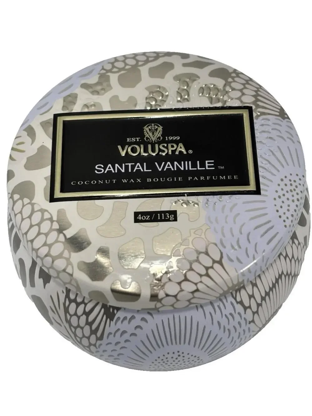Voluspa Santal Vanille Mini Tin Candle 4oz/113g Warm Vanilla Sandalwood Scent